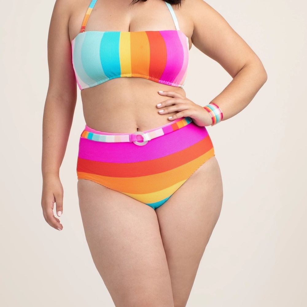 Trina Turk Sunrise Stripe High-Waist Bikini Bottom